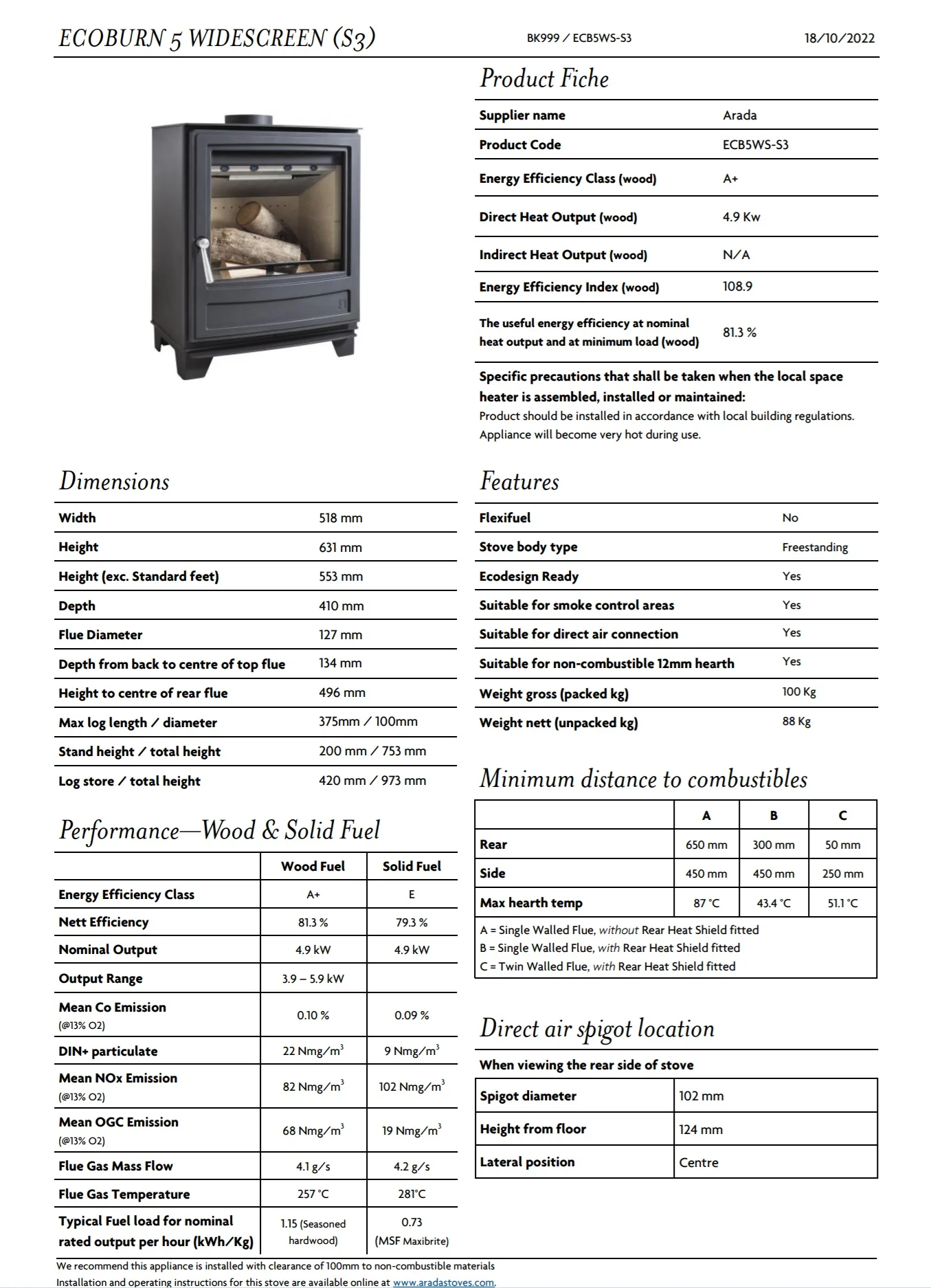 Arada Ecoburn 5 Widescreen (S3) Stove - Image 3
