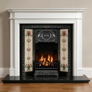 Highlighted Tiled Insert and Bartello Limestone Fireplace