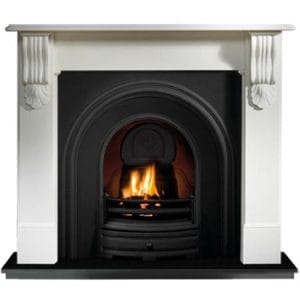 Crown and Carved Corbel Limestone Fireplace