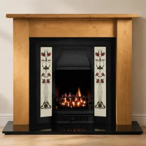 Black Tiled Insert and Pine Lincoln Wooden Fireplace