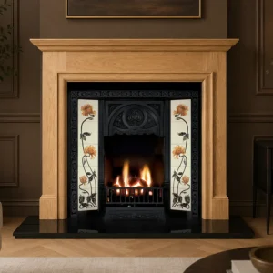Black Tiled Insert and Oak Howard Wooden Fireplace