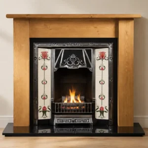 Highlighted Tiled Insert and Pine Lincoln Wooden Fireplace
