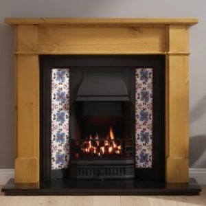 Any Black Tiled Insert and Pine Worcester Wooden Fireplace