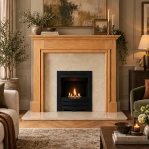 Flat Wall Crema Marfil Marble and Oak Howard Fireplace