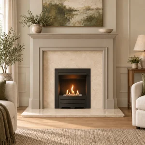 Flat Wall Crema Marfil Marble and Pine Howard Fireplace