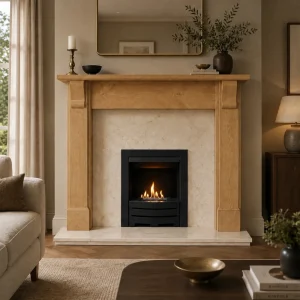 Flat Wall Crema Marfil Marble and Pine Bedford Fireplace