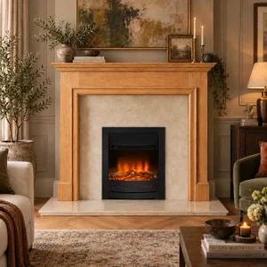 Flat Wall Crema Marfil Marble and Oak Howard Fireplace