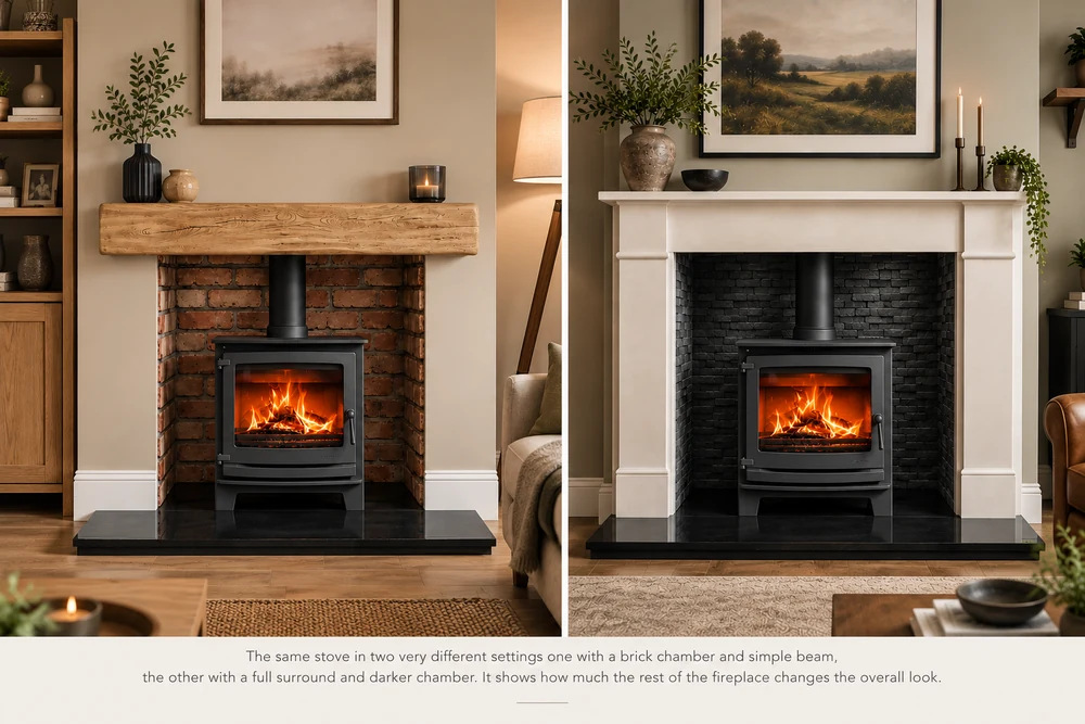 Contemporary stove shown in two different fireplace settings